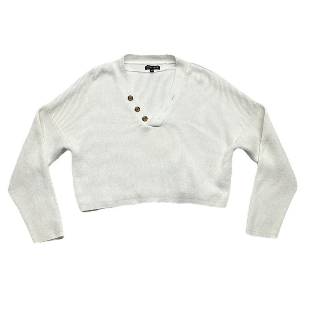 Kendall Kylie Sweater M White Ribbed Cotton Cropped Pullover V-Neck